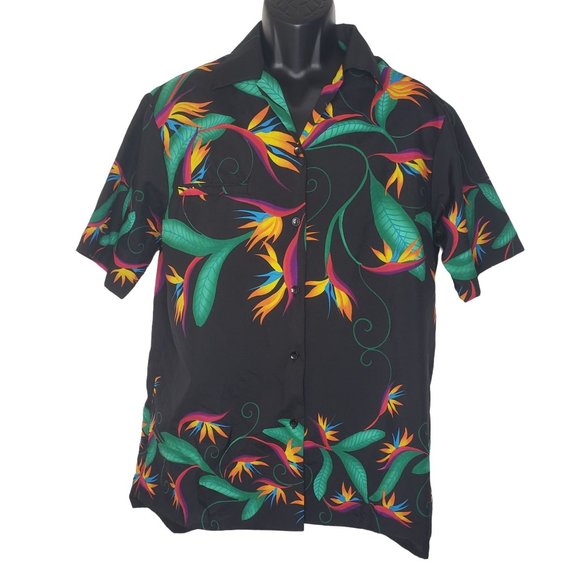 Hilo Hattie Other - Vintage Hilo Hattie Men's Shirt L Black Bird of Paradise Floral Button Front